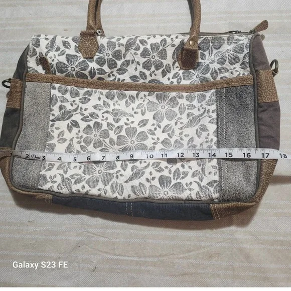 Myra Bag Amaryllis Upcycled Canvas & Cowhide Messenger Bag Rustic Western - Picture 9 of 13